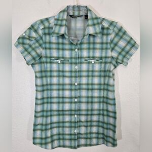 Eddie Bauer Plaid Green/Blue/White Short Sleeve Shirt Hiking Camping Fishing, XS